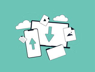 Data migration and transfer in cloud computing. Secure storage, database migration and server synchronization. Digital transformation, backup and cloud technology. Vector illustration and icons