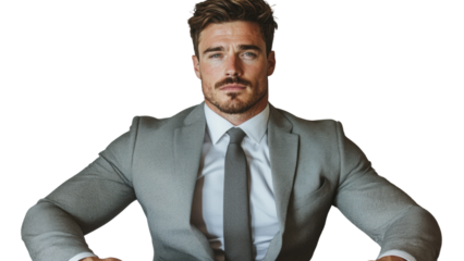Png of Confident Caucasian male in a grey suit, exuding professionalism while seated at a table on transparent background.