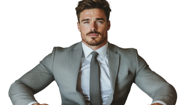 Png of Confident Caucasian male in a grey suit, exuding professionalism while seated at a table on transparent background.