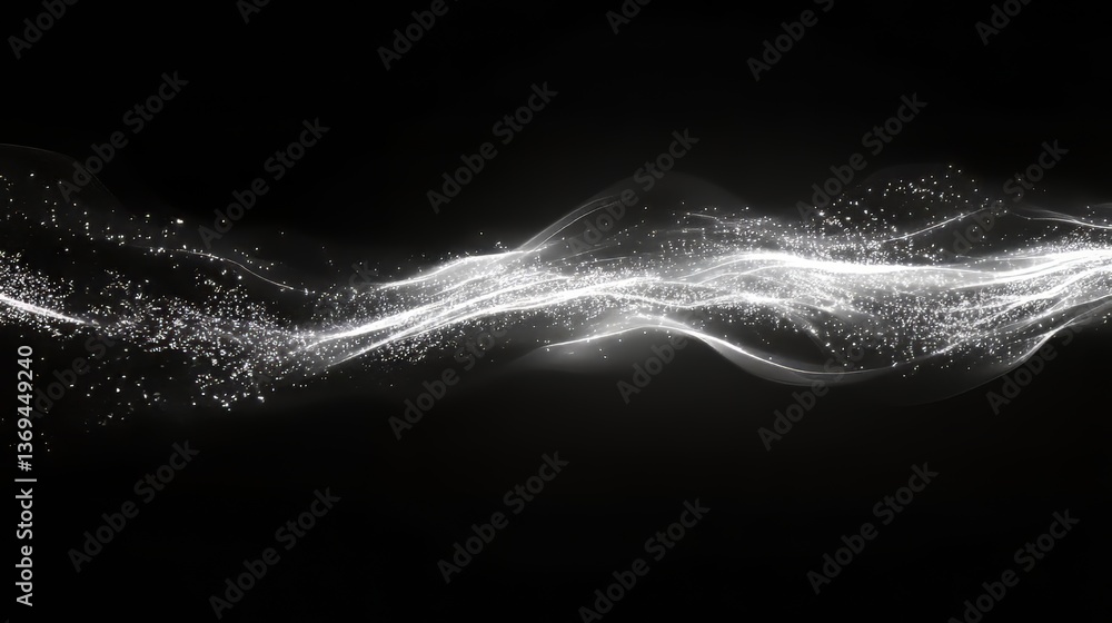 Poster abstract glittering light trails wave against a dark backdrop, creating a sense of motion and ethere
