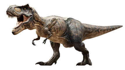 Fototapeta premium Tyrannosaurus Rex in Action: A photorealistic Tyrannosaurus Rex roars in a dynamic pose, showcasing its massive size and sharp teeth.