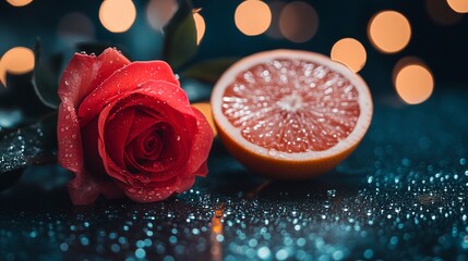 Red Rose and Grapefruit Slice on Glittering Surface with Bokeh Lights
