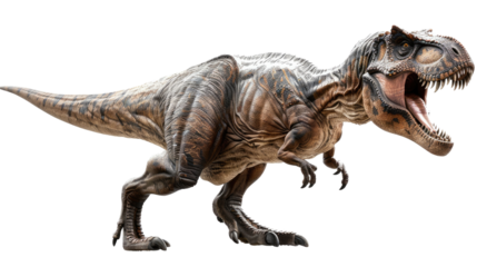 Tyrannosaurus Rex: A fearsome Tyrannosaurus Rex, the apex predator of the prehistoric era, strides across a landscape with its jaws agape, displaying a blend of historical accuracy and artistic flair.