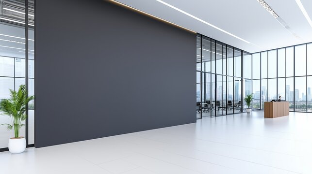 Empty gray office wall mockup with panoramic view of concrete floor and plants in modern interior design. 3D rendering template for advertising banner, company branding presentation, corporate identit