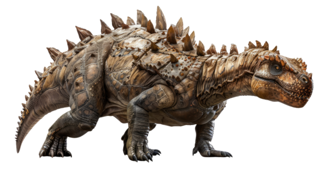 Ancient Armored Behemoth: A photorealistic rendering of a prehistoric Ankylosaurus, an herbivorous dinosaur, showcasing its armored body, bony plates, and formidable spikes.