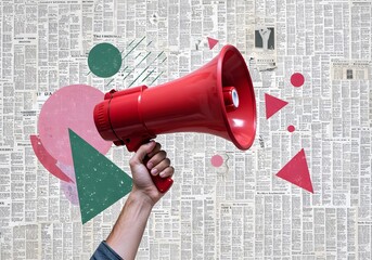  Hand is holding a megaphone over a collage of newspaper and colorful shapes, businessman shouting through megaphone, communicating important news