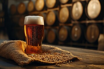 Craft beer in rustic brewery setting with wooden barrels and barley