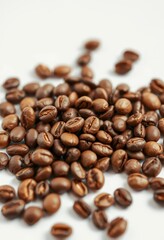 Close-up of roasted coffee beans on white background, caffeine, close-up, food