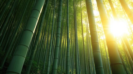 A dense bamboo forest with sunlight filtering through the towering stalks.