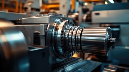 Fototapeta premium A detailed shot of an industrial factory machine, with its sleek metal parts and gears visible, showcasing the engineering precision.