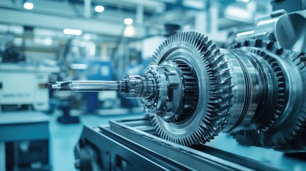 A detailed shot of an industrial machine in a factory, highlighting its sharp, mechanical components against a clean background.