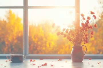 Autumnal window scene with warm sunlight, dried flowers, and a cup of coffee