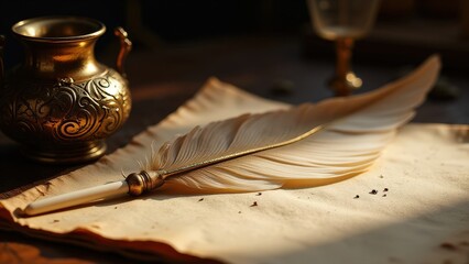 Golden Light on Ornate Inkwell and Feather Quill - Generative AI