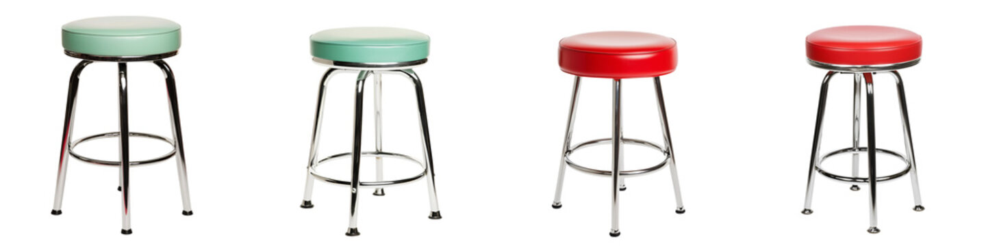 Four stylish retro inspired chrome stools with vibrant green and red cushions perfect for a diner bar or modern kitchen setting