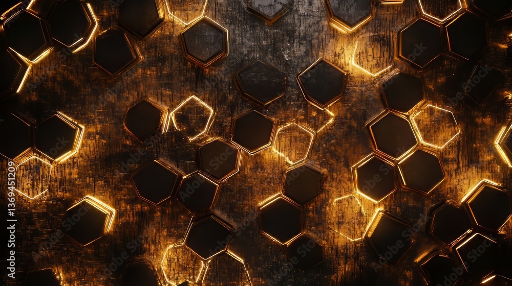 Poster illuminated hexagonal shapes create a captivating abstract design with dynamic glowing edges on a da