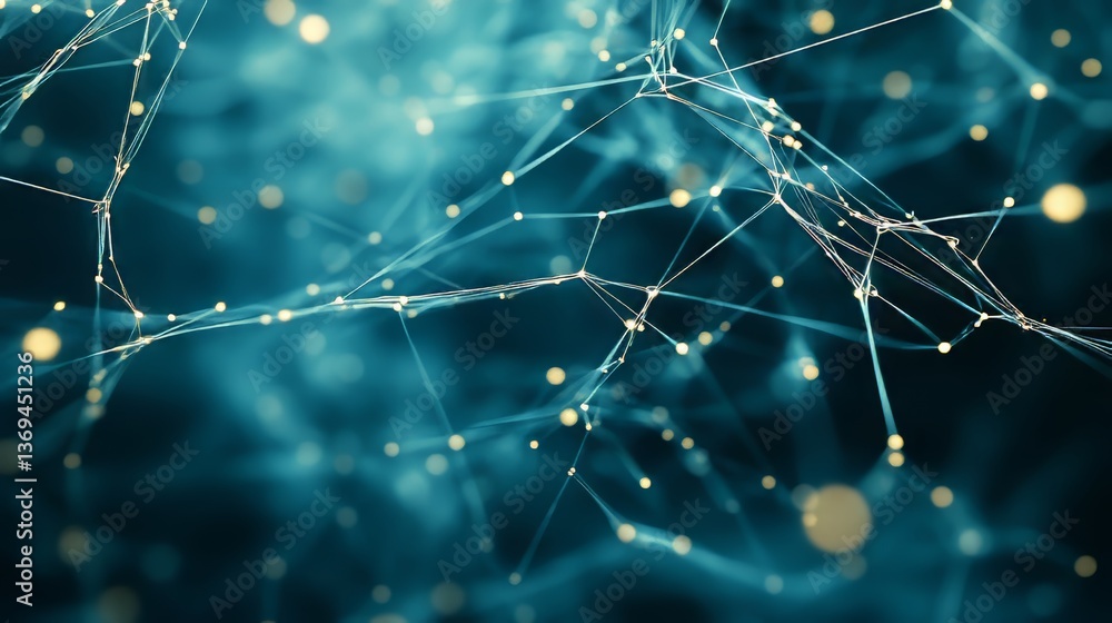 Poster abstract network: interconnected nodes and lines against a blurred teal background with glowing acce