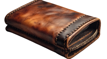Rustic Leather Wallet: An intimate view of a beautifully crafted, brown leather wallet, showcasing intricate stitching and the rich texture of the aged material.