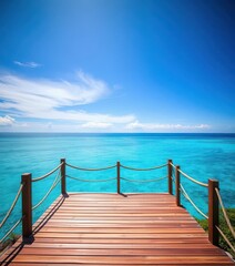 Obraz premium Elevated wooden platform overlooking serene blue ocean and sky, sun, open space