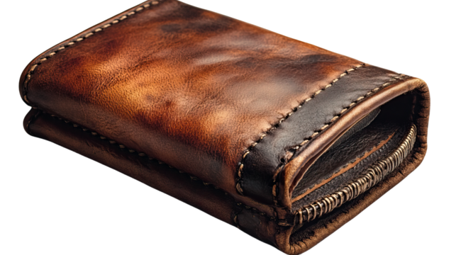 Rustic Leather Wallet: An intimate view of a beautifully crafted, brown leather wallet, showcasing intricate stitching and the rich texture of the aged material.