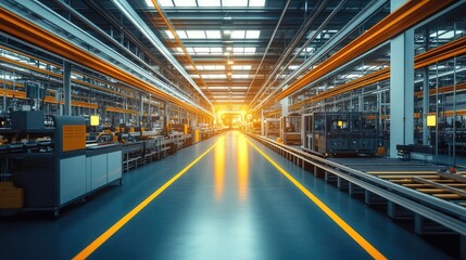 Obraz premium A factory's vast, empty assembly line with neatly arranged machinery and bright overhead lights illuminating the space.