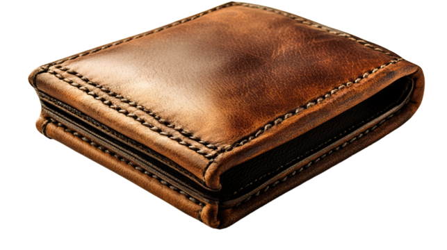 Vintage Leather Wallet: A close-up shot showcases a detailed, vintage brown leather wallet. The texture of the aged leather hints at a rich history, telling a story of time and enduring quality.