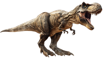Tyrannosaurus Rex in action: A photorealistic Tyrannosaurus Rex, with a fearsome pose and open mouth, showcases the grandeur of prehistoric giants.