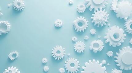 Gears on Light Blue Background. White gears of varying sizes scattered across the surface.