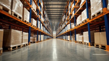 Fototapeta premium A factory warehouse with industrial racking systems, empty pallets, and clean floors, conveying the efficiency of the production space.
