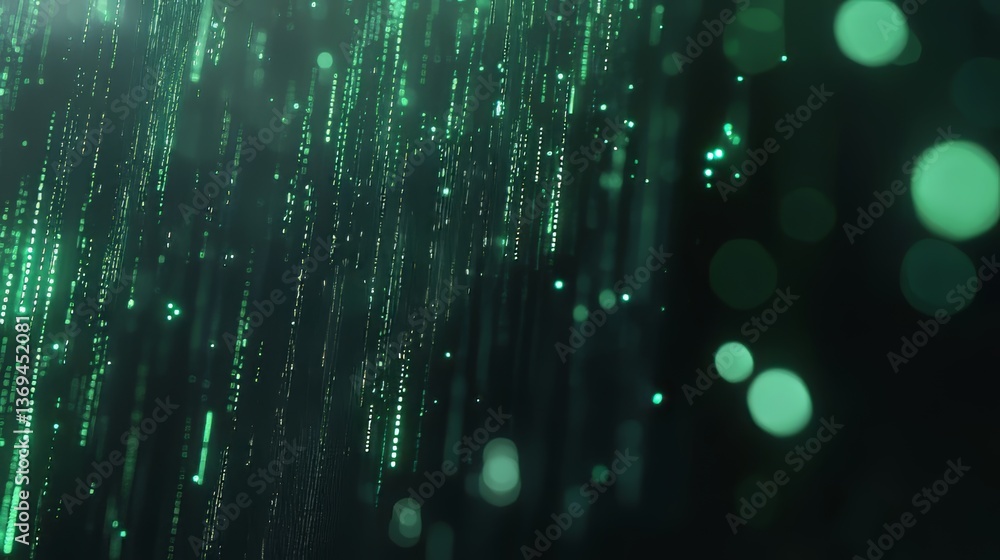 Aufkleber abstract image of green digital rain with bokeh effect, evoking technology and modern digital aesthe