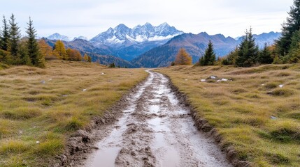 Obraz premium Mountain path through autumnal landscape. Muddy trail winding towards distant snow-capped peaks
