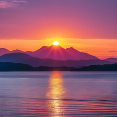 Captivating Sunset Behind Mountains Reflecting on Pristine Lake