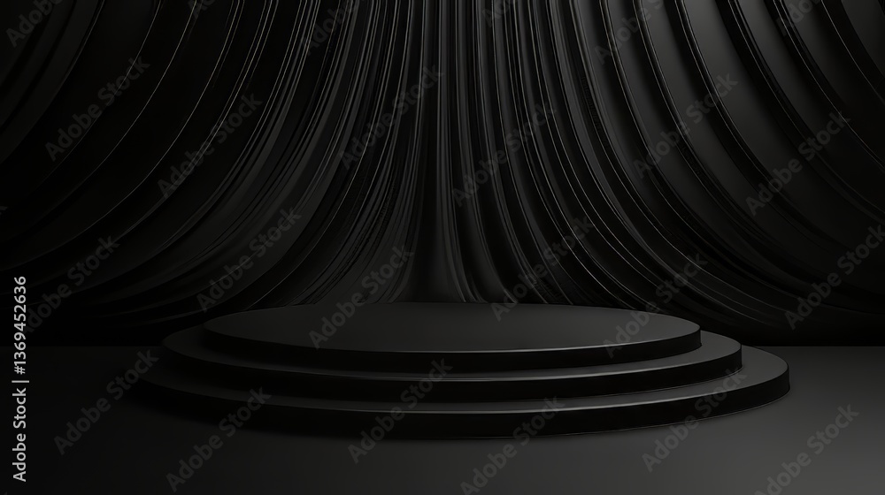 Poster elegant all-black display featuring a three-tiered stage and draping background, creating a minimali