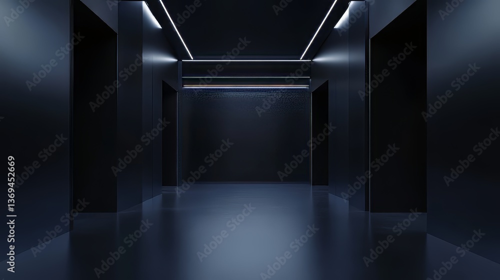 Poster dark, sleek architecture with illuminated ceiling, reflecting on smooth floors. modern and minimalis