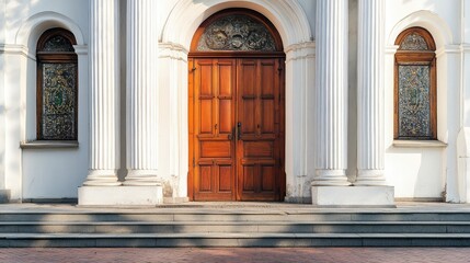 A grand view of a church entrance with massive wooden doors, tall columns, and decorative architectural details.