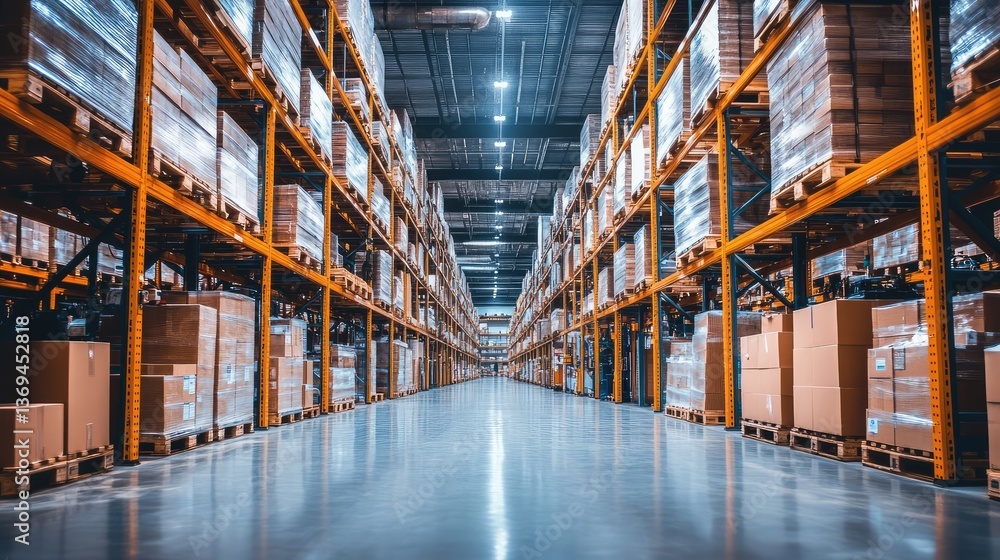 Poster a large factory warehouse with stacked pallets, empty spaces between large machines, and ample room 