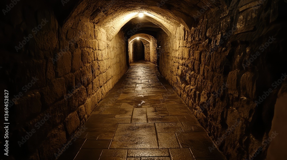 Poster a long, dark tunnel with dim lighting at the end, surrounded by rough stone walls, creating a myster