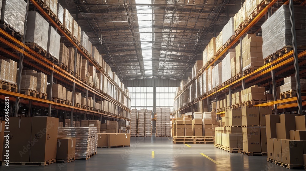 Poster a large factory warehouse with stacked pallets, empty spaces between large machines, and ample room 