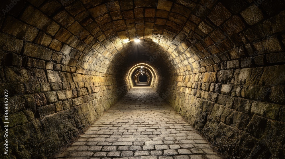 Poster a long, dark tunnel with dim lighting at the end, surrounded by rough stone walls, creating a myster