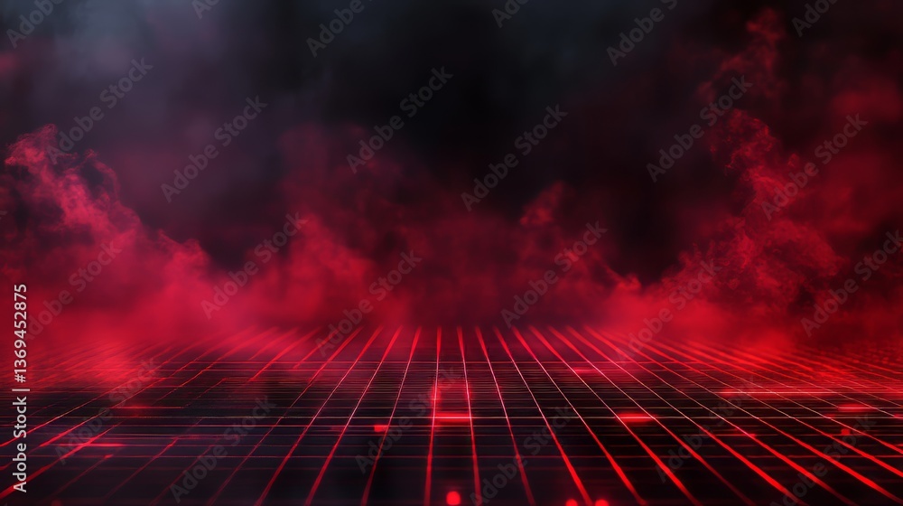 Poster red grid illuminated in smoke, creating a futuristic, atmospheric scene with abstract spatial qualit