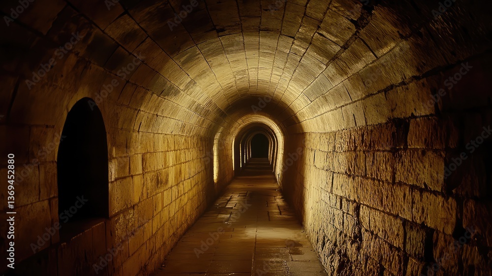 Poster a long, dark tunnel with dim lighting at the end, surrounded by rough stone walls, creating a myster