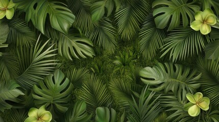 Realistic Seamless Tropical Rainforest Foliage Background with Lush Green Leaves and Exotic Plants for Design and Print Projects