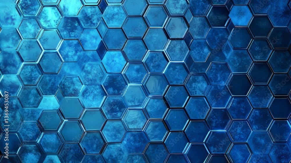 Poster abstract blue hexagonal pattern resembling scales or tiles with a gradient effect and varied texture