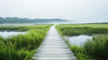 A long wooden boardwalk cutting through a scenic marshland, leading toward adventure.