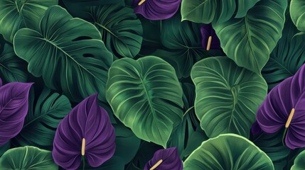 Lush Tropical Rainforest Foliage Background with Rich Green and Deep Purple Leaves for Seamless Design Applications