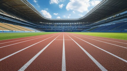 A low-angle view of a large, open stadium with tall, empty stands and clean lines of seating, creating an imposing and clean perspective.