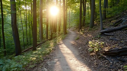 Obraz premium The sun shines brightly over a forest trail through the trees