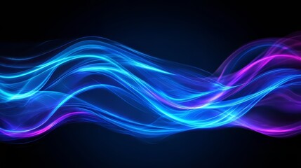 Glowing, flowing lines of blue and purple energy weave across a dark background in a dynamic composition.
