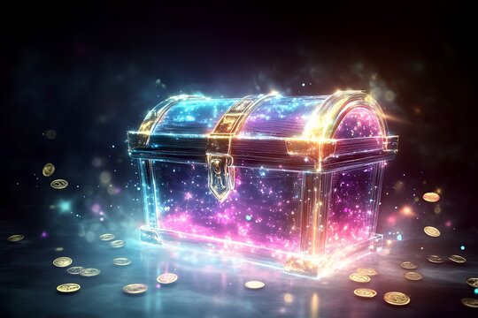 Enchanted glittering treasure chest amidst floating gold coins and magical glow