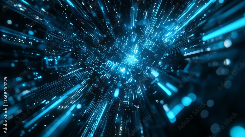 Poster abstract light trails create a futuristic technological landscape with geometric patterns and neon g
