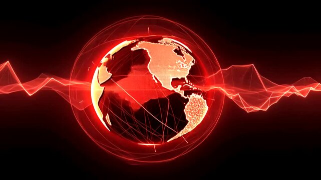 Vibrant red globe illustrating interconnected continents with dynamic wave patterns